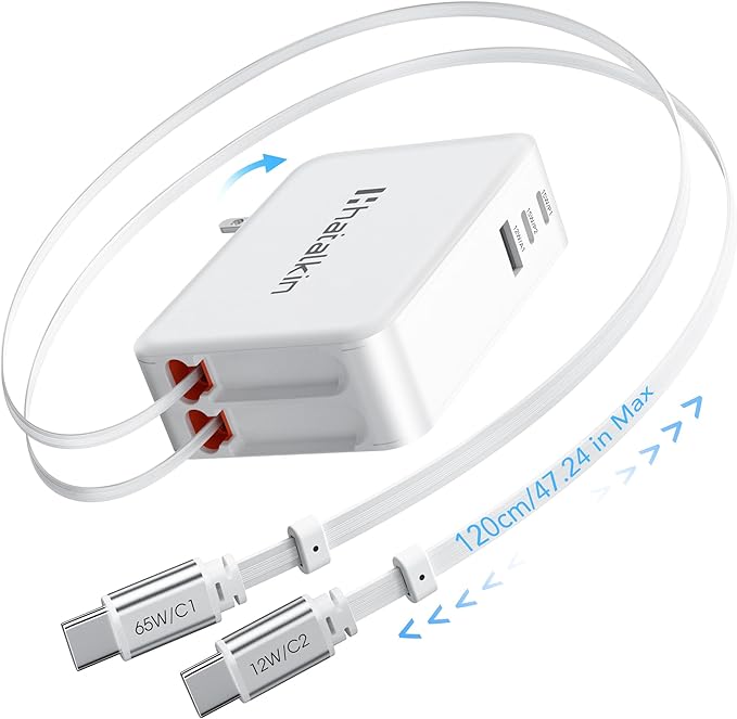 65W for MacBook Pro Charger,5-in-1 Retractable Wall Charger Plug for iPhone 17, Dual 3.94 ft PD USB C Cable&3 Ports, Fast Charging Block for Mac Book Pro/Air, M1 M2 M3 M4, iPad Pro,Galaxy,Pixel