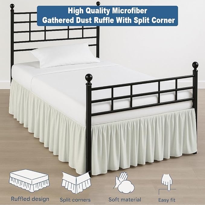 Ruffled Bed Skirt Split Corners with Platform, Tailored Fit Hotel Quality Wrinkle Free Ultra-Soft Microfiber Dust Ruffle, Upto 24 Inch Drop, Twin, Ivory