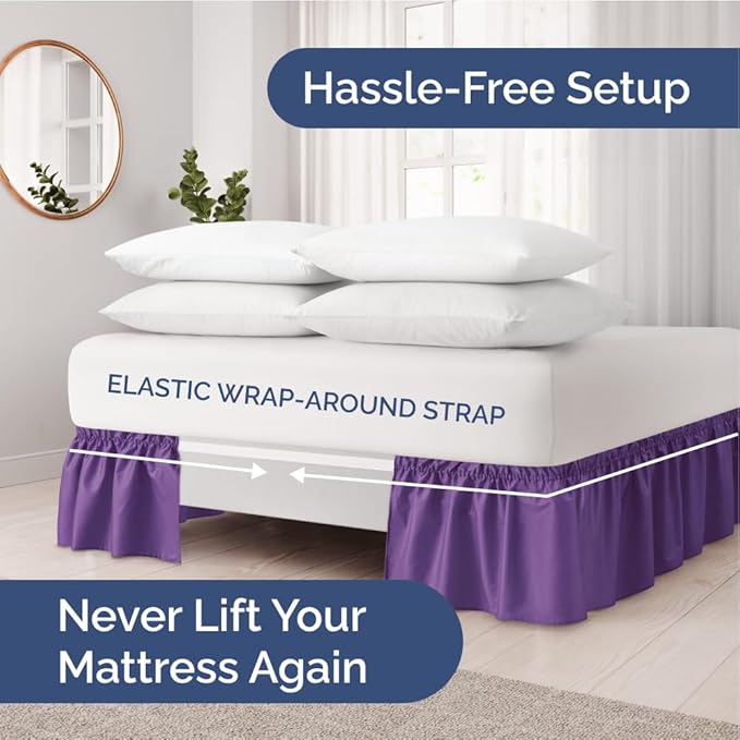 Wrap Around Dust Ruffle Bed Skirt - Purple - for Queen Size Beds with 24 Inch Drop - Easy Fit Elastic Strap - Adjustable Pleated Bedskirt w/Brushed Fabric Wrinkle Free - for Women, Men, Kids & Teens