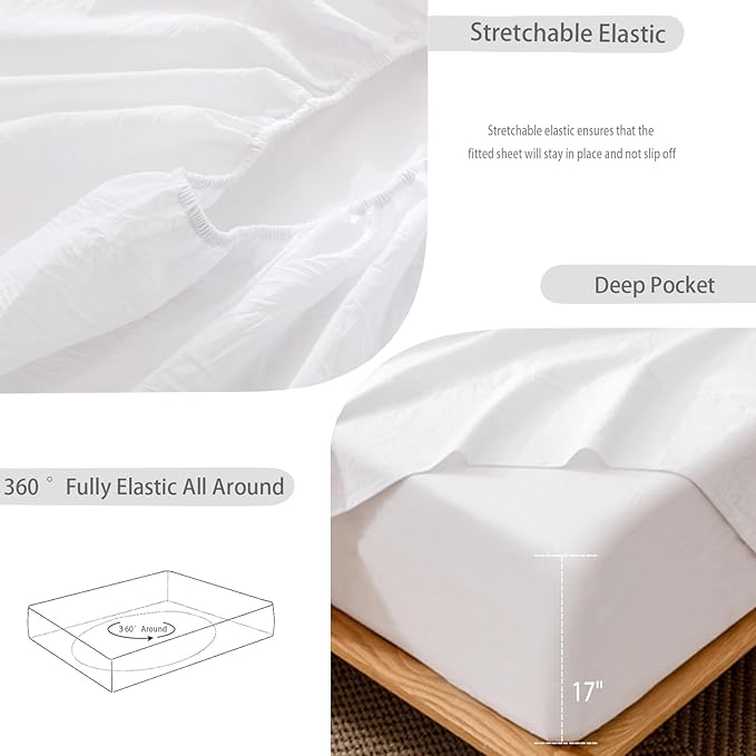 MooMee Fitted Bottom Sheet Only 100% Washed Cotton Linen Like Textured Breathable Durable Soft Comfy Deep Pocket Fits Mattress up to 17" (Bright White, Queen)