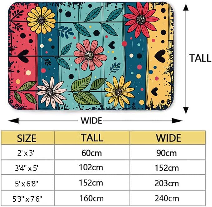Machine Washable 3' x 5' Folk Art Print Style Area Rug, Flowers Floor mat, Suitable for bedrooms, Girls' Room Bedside, Living Room, Dining Room, Office, Non-Slip Low-Pile Retro, Fashionable Carpet