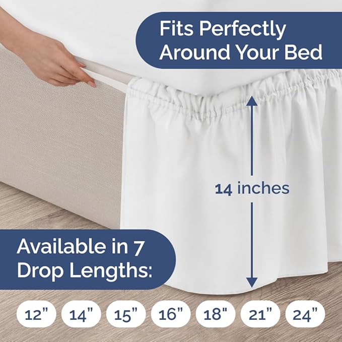 Wrap Around Dust Ruffle Bed Skirt - White - for Queen Size Beds w/ 14 Inch Drop - Easy Fit Elastic Strap - Adjustable Pleated Bedskirt w/Brushed Fabric, Wrinkle & Fade Free Women, Men, Kids & Teens