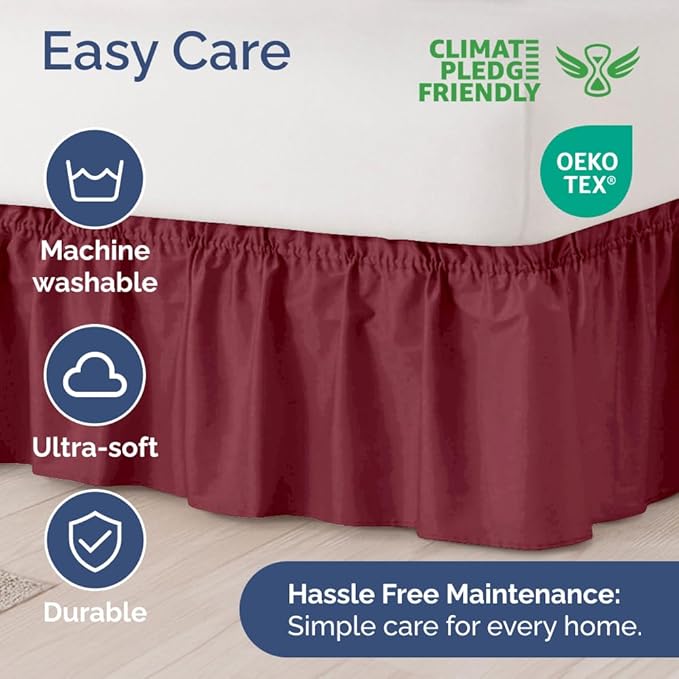 Wrap Around Dust Ruffle Bed Skirt - Burgundy - for Queen Size Beds with 18 Inch Drop - Elastic Strap - Adjustable Pleated Bedskirt with Brushed Fabric and Wrinkle Free - for Women, Men, Kids & Teens
