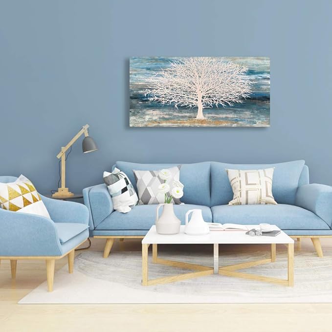 RICHSPACE ARTS Modern Tree Canvas Wall Art Teal Blue and White Pictures Large Abstract Decor Framed Landscape Oil Painting Artwork with 3d Texture and Gold Foil for Living Room Bedroom(20W*40L