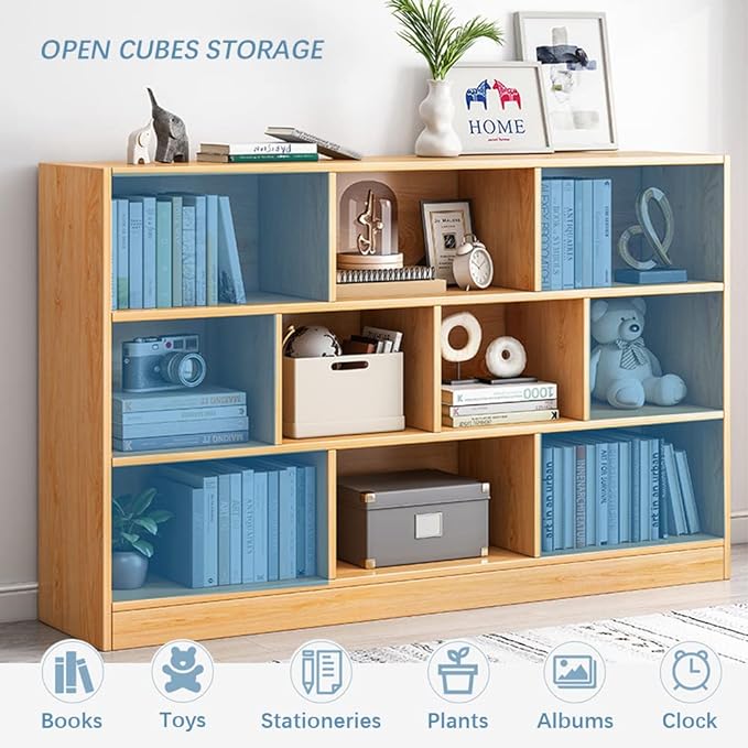 IOTXY Open Shelf Low Bookcase - Wooden 3-Tier Floor Standing Display Cabinet Organizer with Base, 8 Cubes Short Horizontal Bookshelf in Warm White