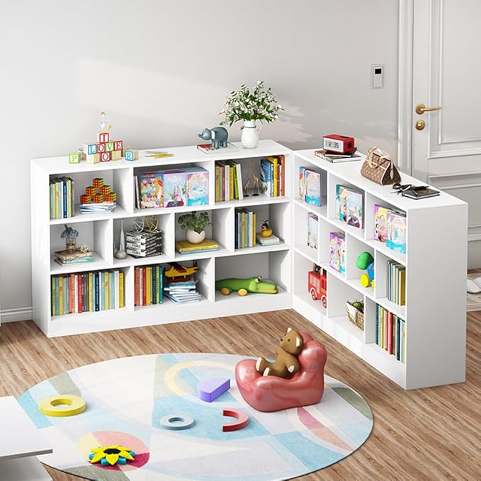 IOTXY Open Shelf Low Bookcase - Wooden 3-Tier Floor Standing Display Cabinet Organizer with Base, 10 Cubes Short Horizontal Bookshelf in Warm White