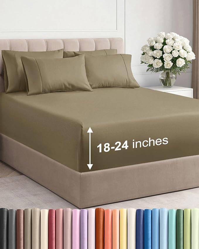Extra Deep King Sheet Set - 6 Piece Breathable and Cooling Sheets - Hotel Luxury Bed Sheets Set - Easy & Secure Fit - Soft, Wrinkle Free and Comfy Sheets Set - Khaki Sheet Set with Extra Deep Pockets