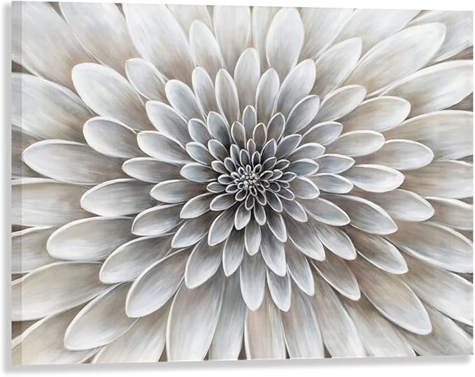 Floral Wall Art in Neutral Color Modern Canvas Decor in Glam Style Framed Artwork with Embellishment Texture Dahlia Flower Picture in White Grey Cream Hues for Office