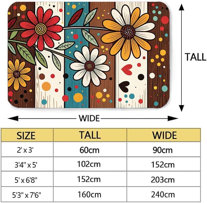 Machine Washable 5' x 8' Bohemian-Style Area Rug, Flowers Floor mat, Suitable for bedrooms, Girls' Room Bedside, Living Room, Dining Room, Office, Non-Slip Low-Pile Retro, Fashionable Carpet