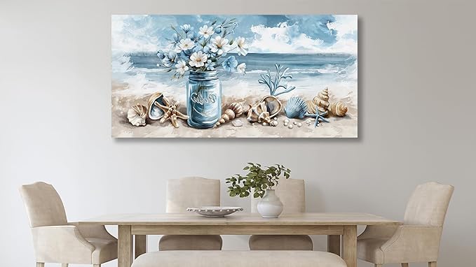 yearainn Coastal Canvas Wall Art - Rustic Jar Flowers Pictures Wall Decor Seashells Seaside Painting Artwork Ocean Landscape Prints for Living Room Bedroom Office Home Decor Ready to Hang 48" x 24"