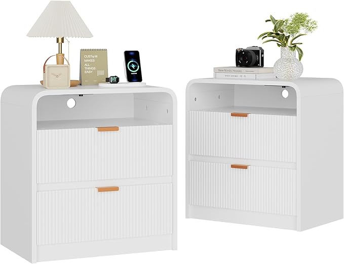 FURSUN 24" Fluted Nightstand Set of 2 with Charging Station, Wooden End Table with 2 Drawers Storage, Curved Profile Design, Modern Bedside Cabinet for Bedroom, White