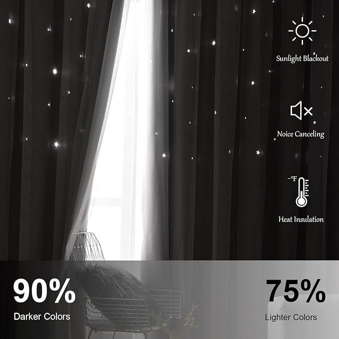 Star Curtains Blackout Curtains for Bedroom, Double Layer Curtains Nursery Curtains Cute Curtains, Kids Curtains for Girls, Curtains 96 Inches Long 2 Panels, Pink Curtains, 52 X 96 Inches