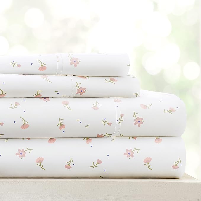 Linen Market Double-Brushed Patterned Microfiber Full Sheet Set 4 Piece – Oeko-TEX Certified Ultra Soft & Wrinkle-Free - 16" Deep Pocket Sheets - Easy Care Full Size - Soft Floral Pink