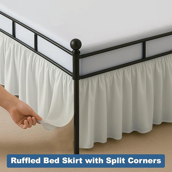 Ruffled Bed Skirt Split Corners with Platform, Tailored Fit Hotel Quality Wrinkle Free Ultra-Soft Microfiber Dust Ruffle, Upto 21 Inch Drop, Queen, Ivory