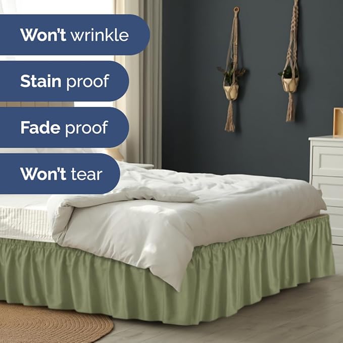 Wrap Around Dust Ruffle Bed Skirt - Sage Green - Twin/Twin XL Size Beds with 15 Inch Drop - Elastic Strap - Adjustable Pleated Bedskirt with Brushed Fabric and Wrinkle Free - Women, Men, Kids & Teens