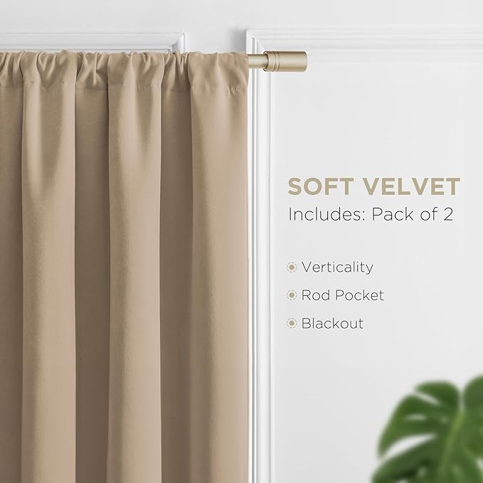 Joydeco Toffee Brown Velvet Curtains 72 Inches 2 Panels, Luxury Thermal Insulated Soft Brown Curtains for Bedroom & Living Room, Room Darkening Velvet Drapes, Rod Pocket (52W x 72L)