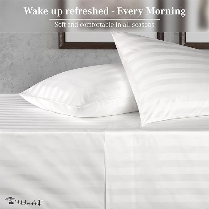 URBANHUT 800 Thread Count 100% Cotton Damask California King Size Sheets Set, 4 Piece Striped Cal King Size Bedsheets, Luxury Hotel Sheets Sateen Weave, 16" Elasticized Deep Pocket- White