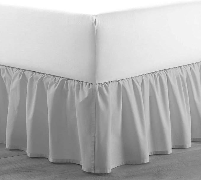 Light Grey Solid Ruffled Bed Skirt Twin XL-8" Inch Drop Split Corner, Microfiber Bedskirt with Platform Three Sided Coverage