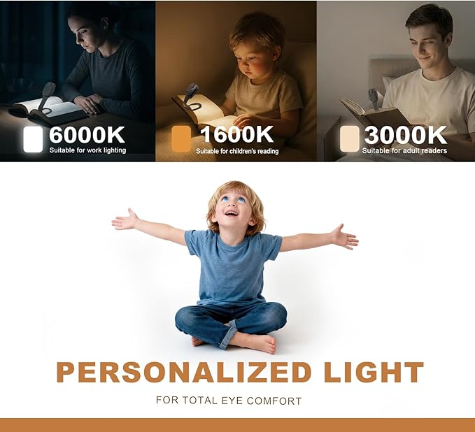 Rechargeable Book Light for Kids at Night – Portable Clip-On LED Light with Dimmable Brightness Ideal for Kids & Adults, Bedtime & Travel–Eye-Caring, Flexible, Gift for Book Lovers,Black