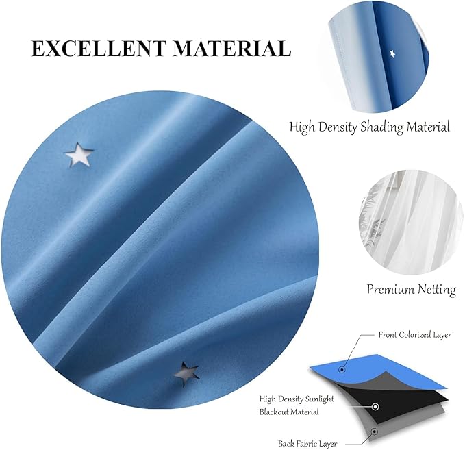 Star Curtains for Living Room Drapes for Bedroom Blackout Curtains for Bedroom Kids Curtains Double Layer Curtains Curtains 96 Inches Long 2 Panels Set, Blue Curtains, 52 X 96 Inches