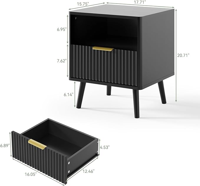 LYNSOM Fluted Dresser and Nightstand Sets 3 Piece, 6-Drawers Dresser and 1-Drawer Nightstands Set of 2, Wood Bedroom Furniture Set for Home, Bedroom, Hallway, Black