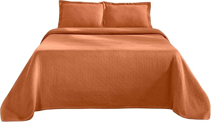 Superior 3 Piece Basketweave Cotton Bedspread Set, Home Bed Decor, Decorative Bed Spread, 2 Pillow Shams, Medium Weight Blanket, Matelasse Coverlet Bedding, Geometric Lattice Pattern, Queen, Mandarin
