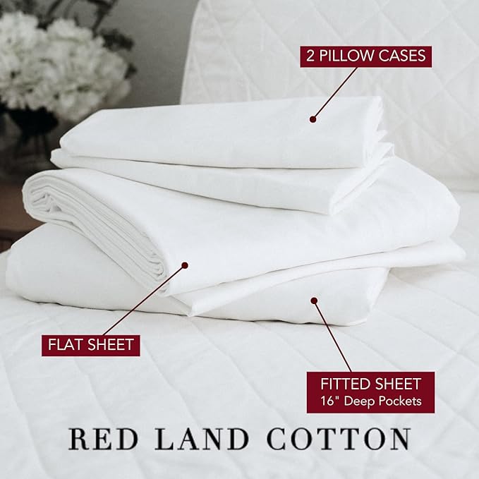 Red Land Cotton Luxury Sheet Set | 100% American Grown Cotton Basics | Premium Hotel Ultra-Soft Lightweight 4 Piece USA Made Deep Pocket Fitted, Flat Sheet, & Pillowcases Percale Weave (Full/White)