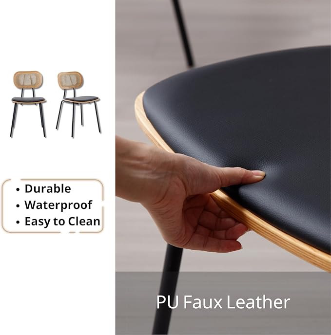 HEAH-YO Modern Dining Chairs Set of 4, Upholstered Faux Leather Dining Room Chairs with Rattan Backrest and Metal Legs, Armless Kitchen Chairs for Dining Room, Black