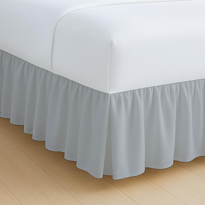 Rajlinen Ruffled Bed Skirt California King, 10 Inch Drop Dust Ruffle with Split Corners, 100% Microfiber Bedskirt with Platform, Three-Sided Coverage Ruffled Gathering Design, Light Grey