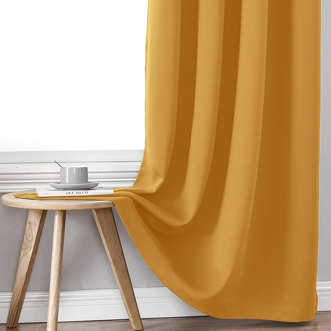 ChrisDowa 100% Blackout Curtains for Bedroom with Black Liner, 2 Thick Layers Total Blackout Thermal Insulated Grommet Long Window Curtains 2 Panels Set (Mustard Yellow, 52 x 95 Inch)