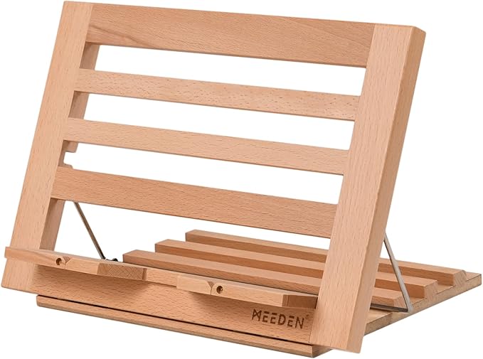 MEEDEN Book Stand with Page Holder Clips, Cookbook Holders for Reading Hands Free, Adjustable Foldable Solid Beechwood MacBook Stand for Laptop Textbook Bible File Documents - 13.39" x 9.25"