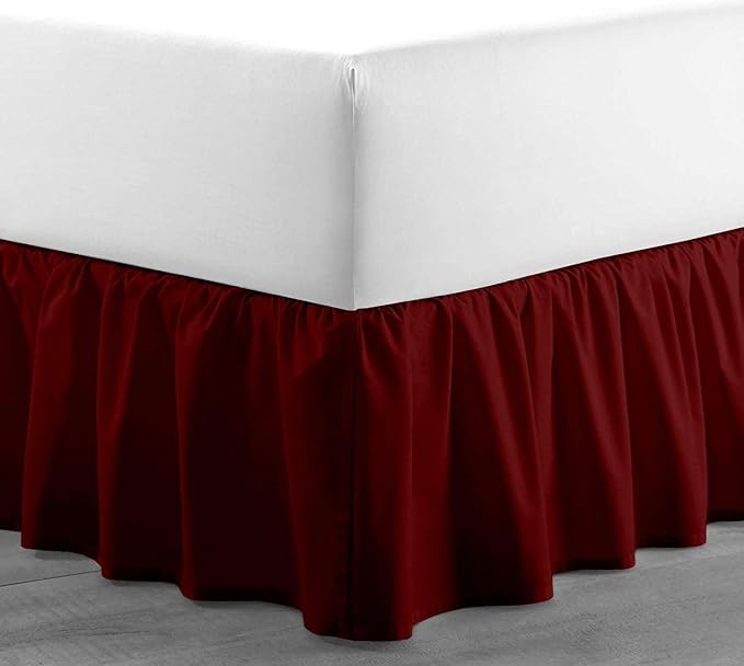 Burgundy Solid Ruffled Bed Skirt Short Queen-12 Inch Drop Split Corner, Microfiber Bedskirt with Platform Three Sided Coverage