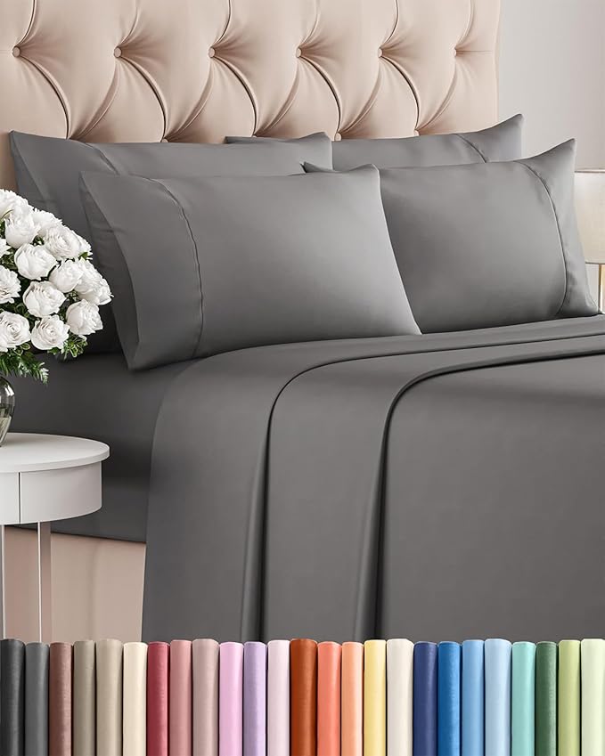 Full 6 Piece Sheet Set - Cooling, Comfy & Breathable - Hotel Luxury Bedding, Includes Fitted Sheet for Women, Men, Kids & Teens - 1 Flat, 1 Fitted Sheet, 4 Pillowcases with Deep Pockets - Dark Grey