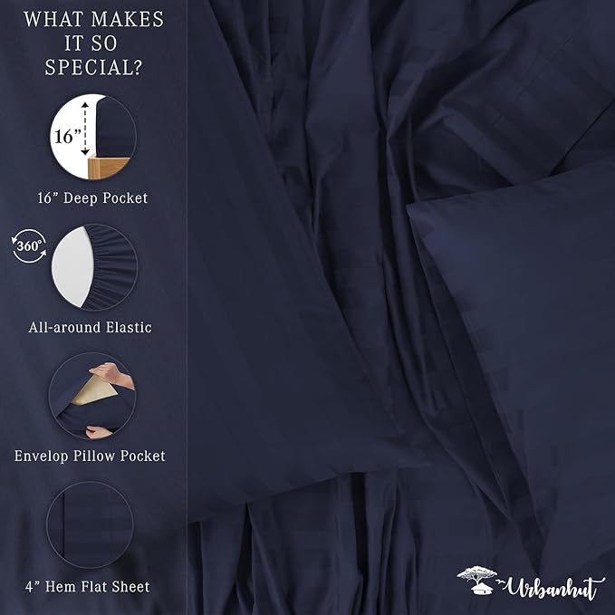 URBANHUT 800 Thread Count 100% Cotton Damask California King Size Sheets Set, 4 Piece Striped Cal King Size Bedsheets, Luxury Hotel Sheets Sateen Weave, 16" Elasticized Deep Pocket- Navy Blue