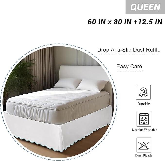 HIG Queen Bed Skirt - Easy Fit Scallop Edge Pleated Bedskirts With Spilt Coner, 12 Inch Drop Anti-Slip Dust Ruffle, Thick Fabric for Enhanced Privacy, Pre-Washed for Long-Lasting Use, Machine Washable