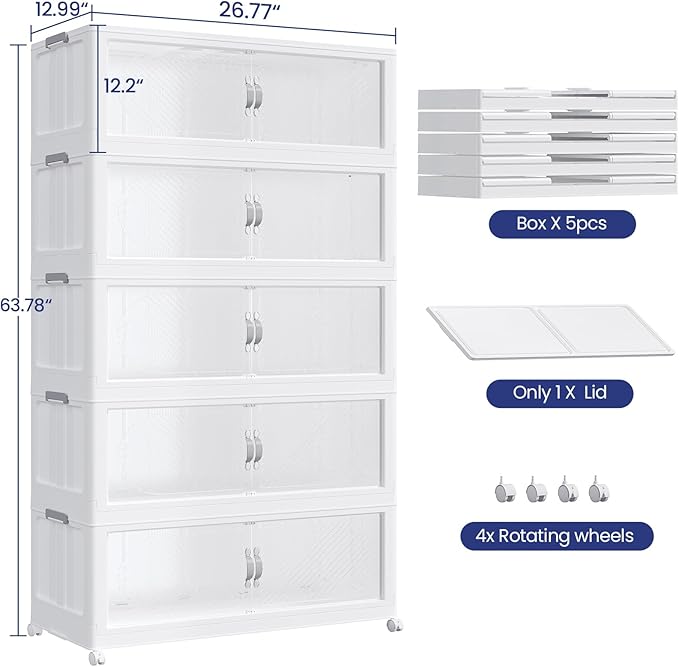 600QT Plastic Stackable Storage Bins with Lid, 150GAL Extra Large Collapsible Box with Wheels Clear Door, Foldable Closet Organizer Container Cabinet Drawer for Home Kitchen，5Pack, White