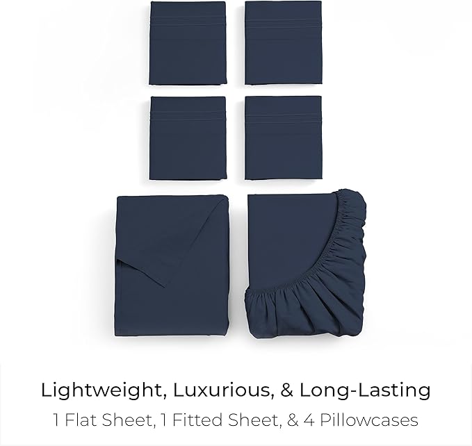 Mellanni King Sheet Set - 6-Piece Iconic Collection Bedding, (Including 4 Pillowcases), 16-Inch Deep Pocket, Easy Care, Extra Soft, Cooling Sheets, Brushed Microfiber - Navy Blue