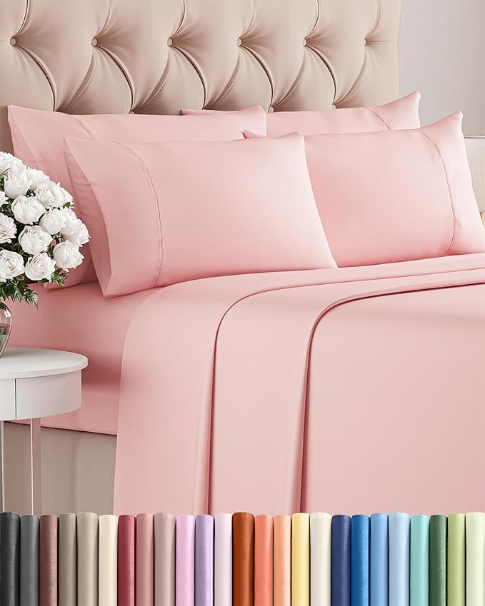 King 6 Piece Sheet Set - Cooling, Comfy & Breathable - Hotel Luxury Bedding, Includes Fitted Sheet for Women, Men, Kids & Teens - 1 Flat, 1 Fitted Sheet, 4 Pillowcases with Deep Pockets - Baby Pink