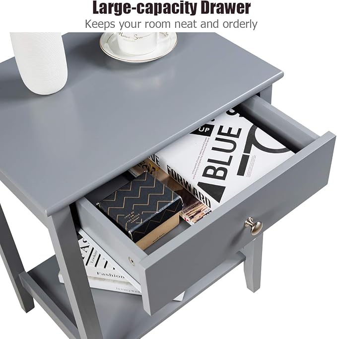 Giantex Nightstand Wooden 2-Tier Couch Sofa Side Table with Drawer, Storage Shelf, Solid Wood Legs,Mufti-Functional Home Furniture for Living Room Bedroom Study Room End Table (1, Gray)