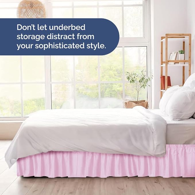 Wrap Around Dust Ruffle Bed Skirt - Light Pink - for Queen Size Beds with 15 Inch Drop - Elastic Strap - Adjustable Pleated Bedskirt with Brushed Fabric and Wrinkle Free - For Women, Men, Kids & Teens