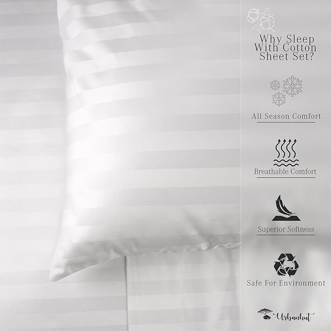 URBANHUT 800 Thread Count 100% Cotton Damask Queen Size Sheets, 4 Piece Striped Queen Size Bedsheets, Luxury Hotel Sheets Sateen Weave - Better Than Egyptian, 16" Elasticized Deep Pocket- White