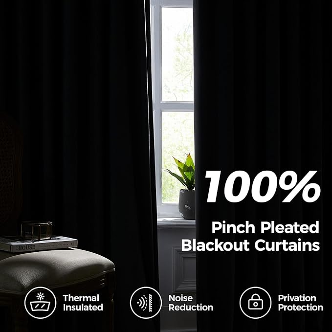 Pinch Pleated 100% Blackout Curtains for Bedroom, Navy Blue Velvet Curtains for Living Room, Black Out Curtain 84 inch Long Room Darkening, Blackout Pinch Pleat Drapes with Hooks 2 Panels