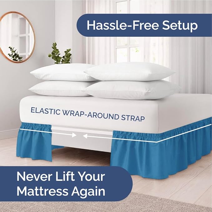 Wrap Around Dust Ruffle Bed Skirt - Denim Blue - Twin/Twin XL Size Beds with 18 Inch Drop - Elastic Strap - Adjustable Pleated Bedskirt with Brushed Fabric and Wrinkle Free - Women, Men, Kids & Teens