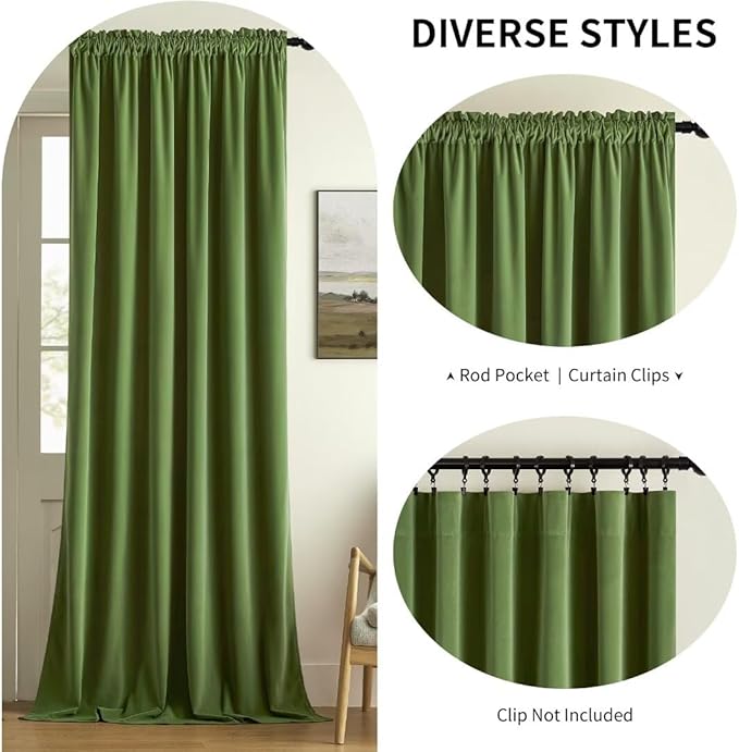 Joydeco Green Velvet Curtains 72 inch 2 Panel, Room Darkening Super Soft Velvet Drapes for Bedroom Living Room Thermal Insulated Window Drapes, Luxury Blackout Rod Pocket Curtains,W52 x L72 inch