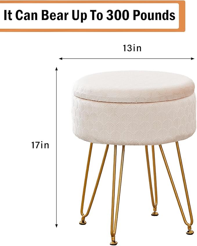 Cpintltr Footrest Footstools Round Velvet Ottoman with Storage Space Soft Vanity Chair with Memory Foam Seat Small Side Table Hallway Step Stool 4 Gold Metal Legs with Adjustable Footings Champagne
