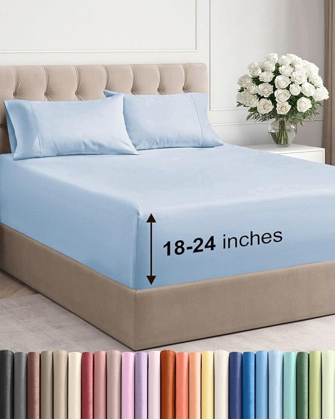 Extra Deep Twin Sheet Set - 4 Piece Breathable & Cooling Sheets - Hotel Luxury Bed Sheets Set - Easy & Secure Fit - Soft, Wrinkle Free & Comfy Sheets Set - Sky Blue Sheet Set with Extra Deep Pockets