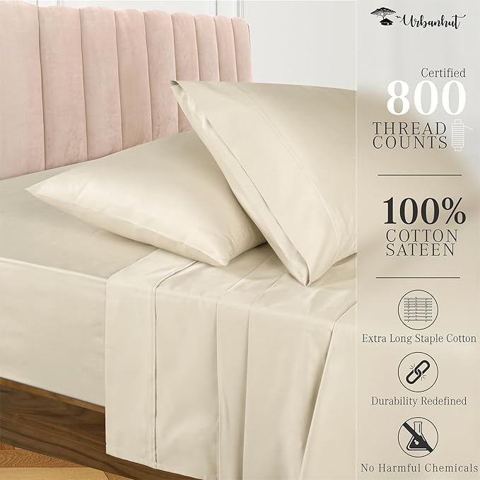 URBANHUT 800 Thread Count 100% Cotton King Size Sheets, Luxury 4 Piece King Bedsheets, Hotel Sheets Sateen Finish - Better Than Egyptian, 16" Elasticized Deep Pocket - Ivory