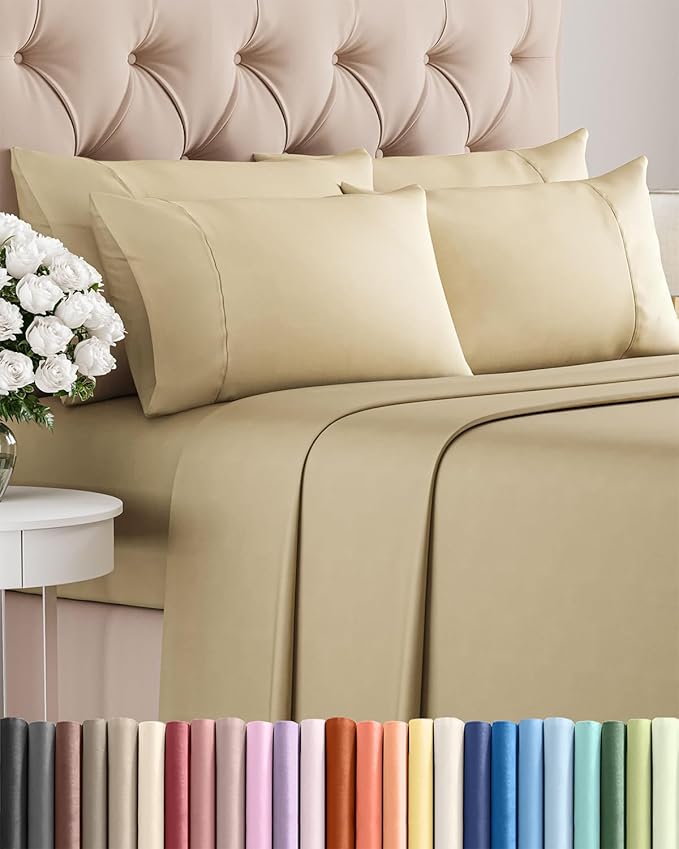 Cal King 6 Piece Sheet Set - Cooling, Comfy & Breathable - Hotel Luxury Bedding, Includes Fitted Sheet for Women, Men, Kids & Teens - 1 Flat, 1 Fitted Sheet, 4 Pillowcases with Deep Pockets - Beige