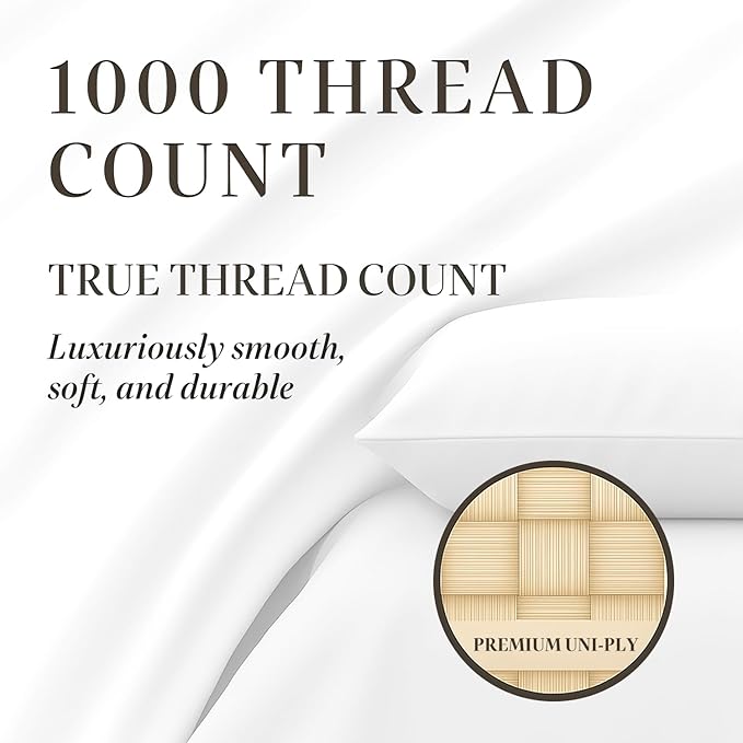 Hyde Lane Luxury 1000 Thread Count 100% Cotton Sheets | Very Soft & Thick - Fits Upto 20" Mattress | Sateen Weave Bed Sheets 18" Deep Pocket- 4 PC Sheet Set (Natural White, King)