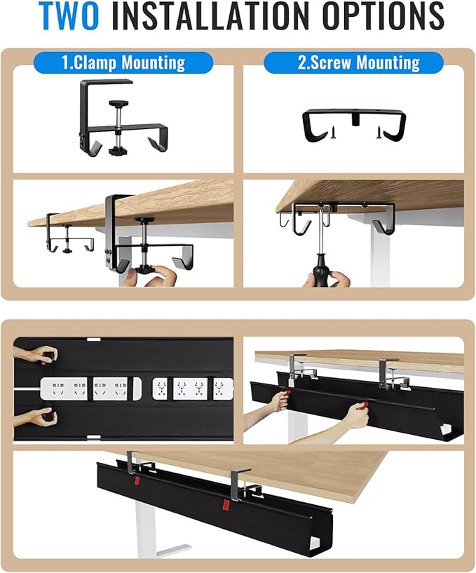 36" No Drill Under Desk Cable Management Tray - Upgraded Oxford Fabric with Cable Loop, No Damage to Table for Standing Desks and Home Office (Large (36 Inch))